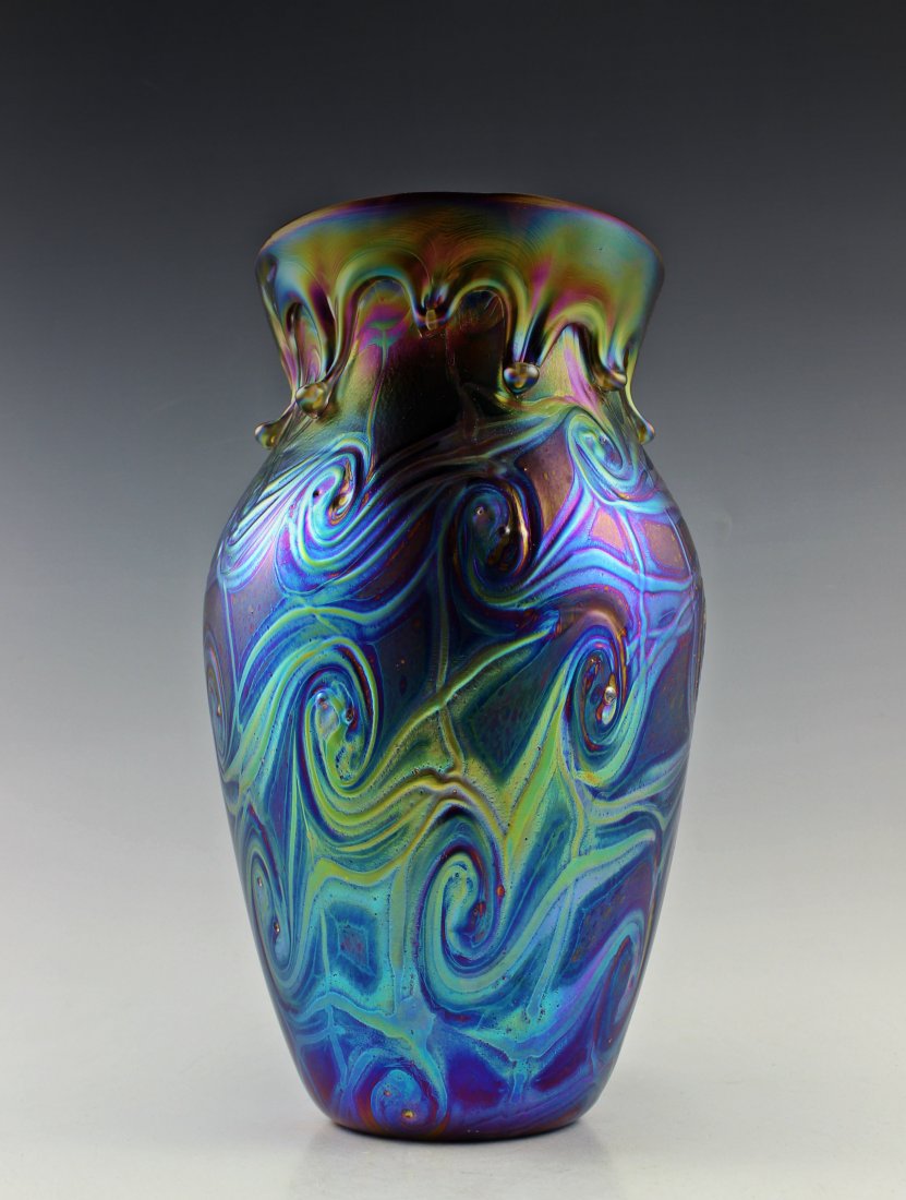 Amazing Bohemian Loetz Art Noveau Style Iridescent Vase: Extraordinary beautiful piece of the finest quality glass hand made in the Bohemian region of the Czech Republic in the style of Art Noveau.It comes from collection of modern vintage-looking pieces an