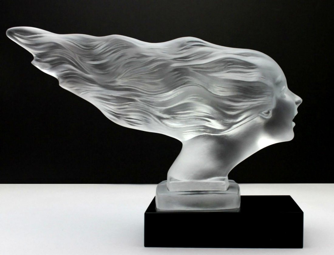 France/Bohemian Art Deco Glass Car Mascot: FROSTED GLASS CAR MASCOT ON BLACK PLINTH France/Bohemian Art Deco Spirit Of The Wind "Speed Girl", Product from the ORIGINAL Antique molds that was used back in 1930’ Originally made by Lalique-Spir