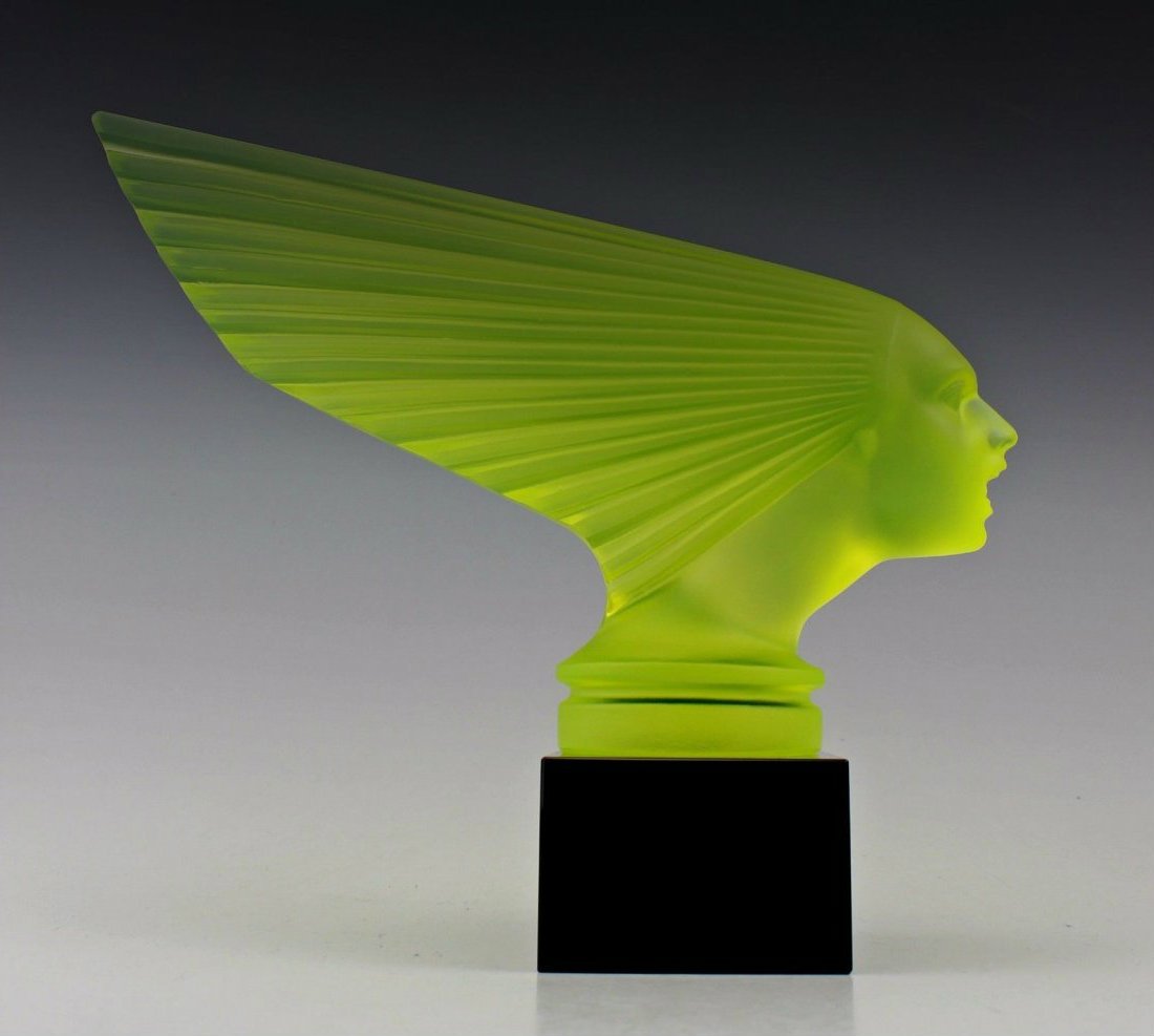 France/Bohemian Art Deco Vaseline Glass Car Mascot: Art Deco Glass Car Mascot_''Victoire'' on black plinth.Bohemian Art Deco Vaseline Glass Spirit Of The Wind "Victoire",handmade by bohemian craftsmen art deco frosted glass. This is hand made piece fro