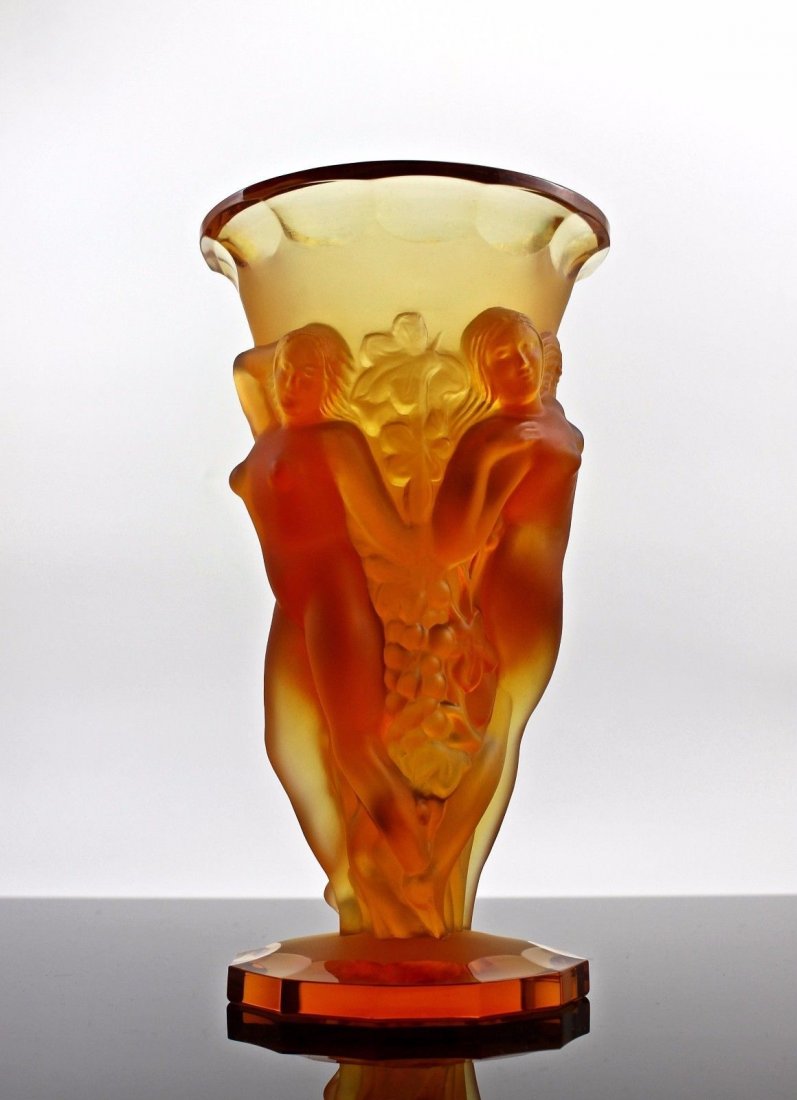 Rare France Art Deco Bohemian Bacchantes Glass Vase: Art Deco vase with raised figures of revelling bacchantes around the full circumference exhibiting excellent colour and detail.A work of unparalleled beauty and sensuality.Product from the Original An