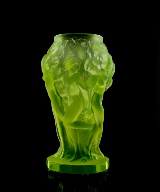 Bohemian Vaseline Glass Nude Vase H.Hoffman: Stunning Bohemian Art Deco Vaseline Glass Vase.The design by H. Hoffman shows strong influence of French art deco style,very similar to the work of Lalique,featuring reeded and fluted sections of wome