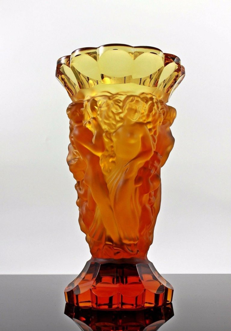 Rare France Art Deco Bohemian Bacchantes Glass Vase: Art Deco vase with raised cherubs & women figures of revelling bacchantes around the full circumference exhibiting excellent colour and detail.A work of unparalleled beauty and sensuality.Product from