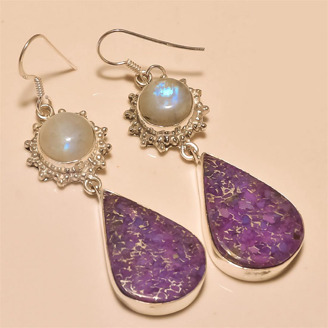 Purple Copper Turquoise/Moonstone Earring Solid: Purple Copper Turquoise/Moonstone Earring Solid Sterling Silver Length:1.75 inch Weight:13 gram #E-022