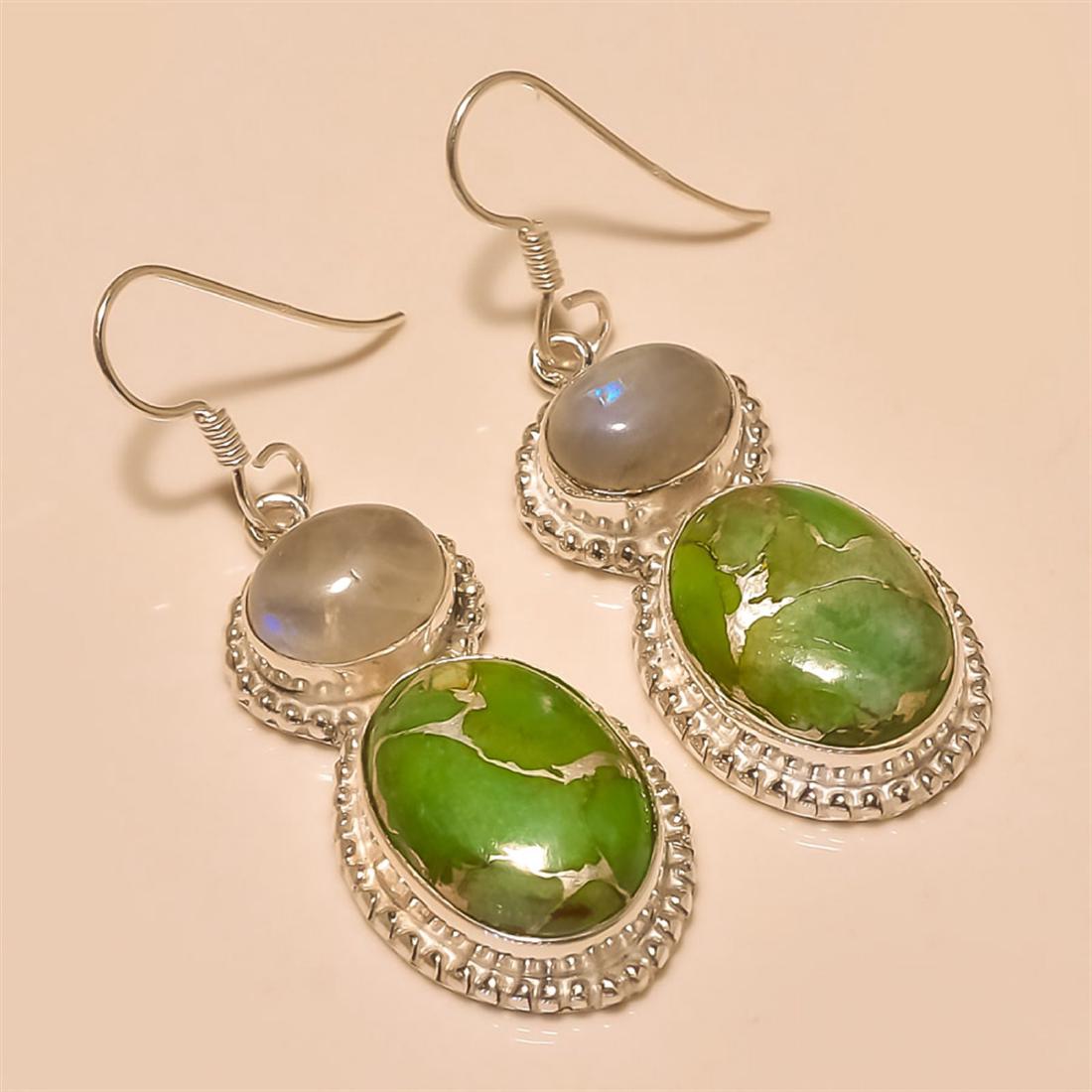 Green Copper Turquoise/Moonstone Earring Solid Sterling: Green Copper Turquoise/Moonstone Earring Solid Sterling Silver Length:1.3 inch Weight:12 gram #E-011