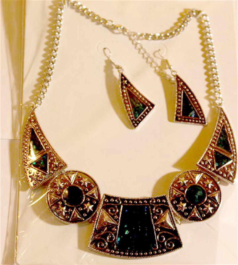 Blue Abalone Necklace+Earring Sets Carded Antique: Blue Abalone Necklace+Earring Sets Carded Antique Finish Jewelry #IGVR1330