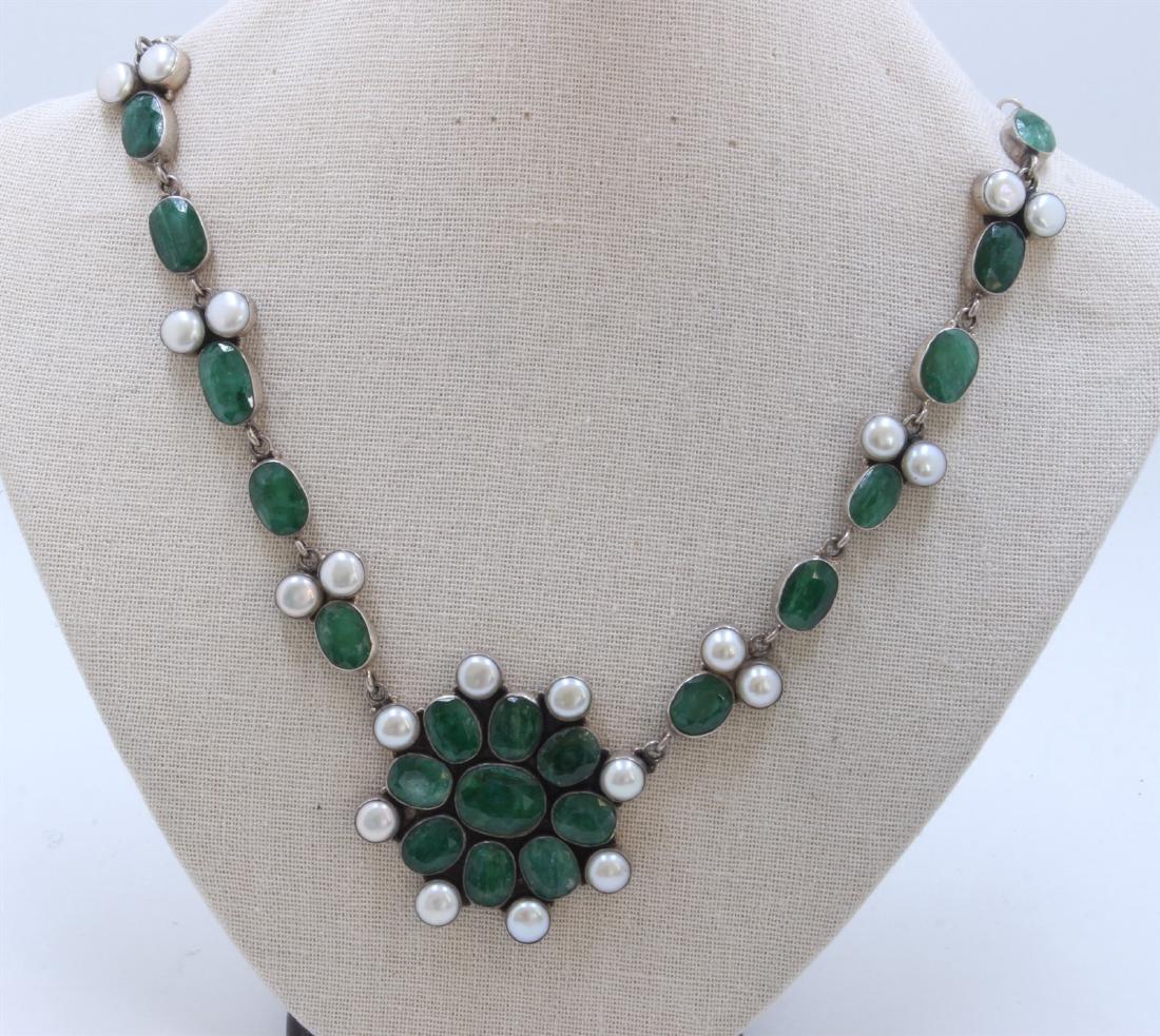 Sterling Silver .925 Emerald Beryl & Pearl Necklace 66: Sterling Silver .925 Emerald Beryl & Pearl Necklace 66 gram #SL064
