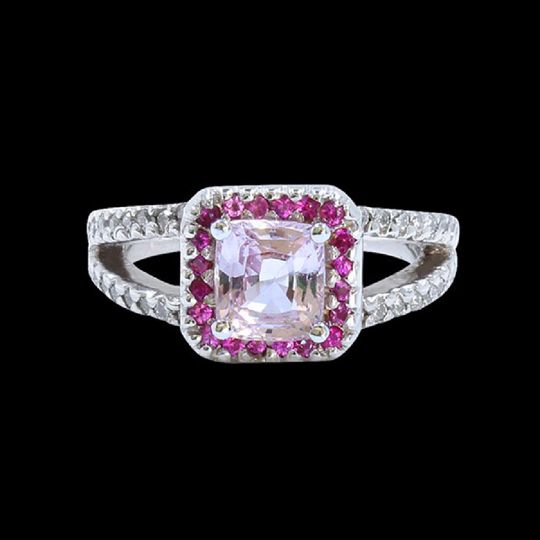 2.28CT NATURAL CEYLON PINK SAPPHIRE 14K WHITE GOLD RING: 14K WHITE GOLD NATURAL CEYLON PINK SAPPHIRE RING :6.31GRAM /PINK SAPPHIRE :0.26CT /DIAMOND :0.48CT/#GVR1223 **This 1.94ct Radiant Antique Cut Padparadscha Sapphire gemstone delicately captures the lig