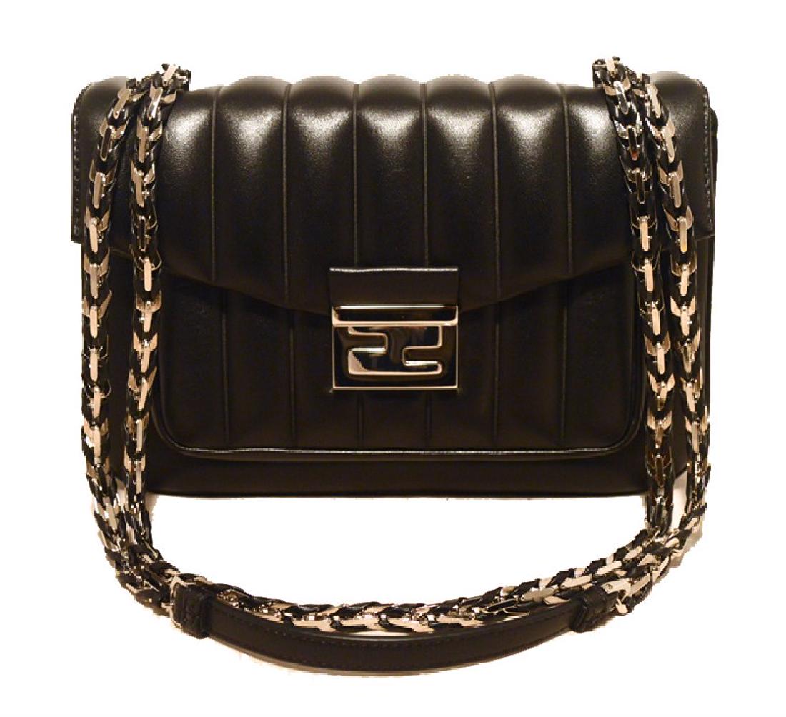 Fendi Black Stripe Quilted Leather Classic Flap: STUNNING Fendi black leather classic flap shoulder bag in like new excellent condition. Stripe quilted black leather exterior trimmed with silver hardware. Chain link shoulder strap with black leather