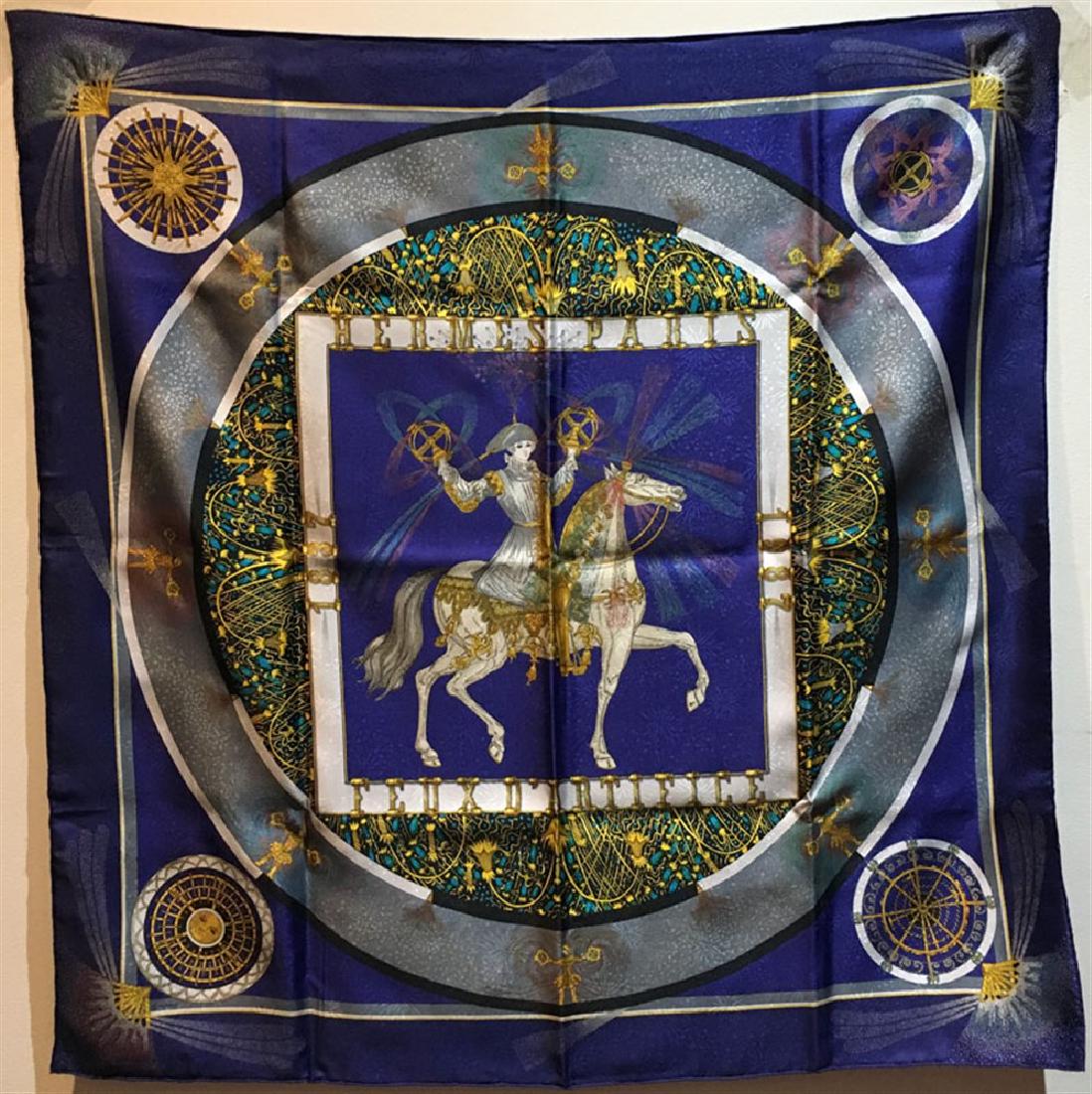 Hermes Vintage Feux D'artifice Silk Scarf in Navy: GORGEOUS Vintage Hermes Feux D'artifice silk scarf in excellent condition. Original silk screen design c1987 by Michel Duchene features a centered horse design with renaissance style rider centered in