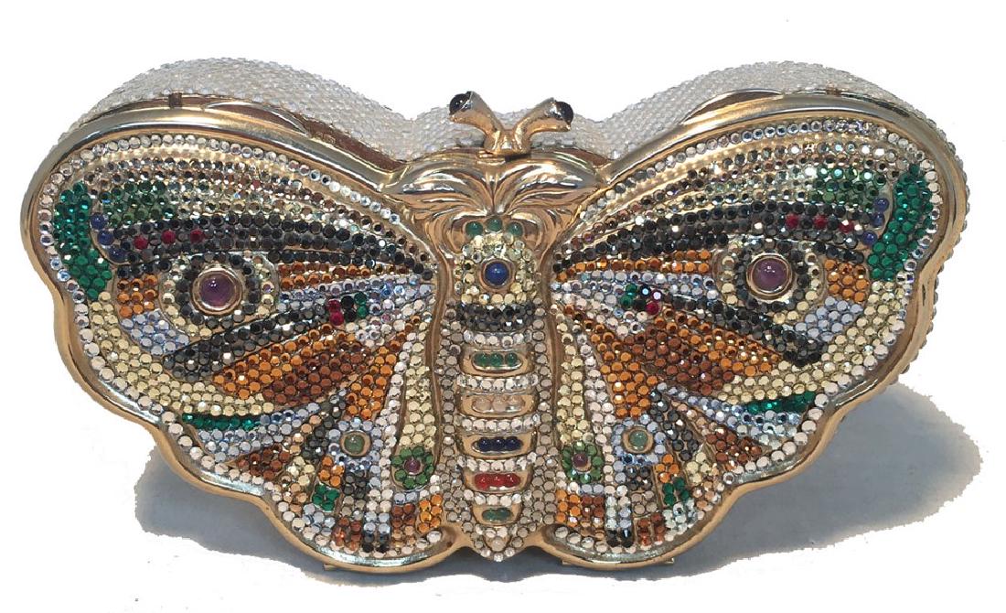 Judith Leiber Vintage Swarovski Crystal Butterfly: GORGEOUS Judith Leiber swarovski crystal butterfly minaudiere in very good vintage condition. Swarovski crystal exterior trimmed with gold hardware. Top magnetic closure opens to a gold leather lined
