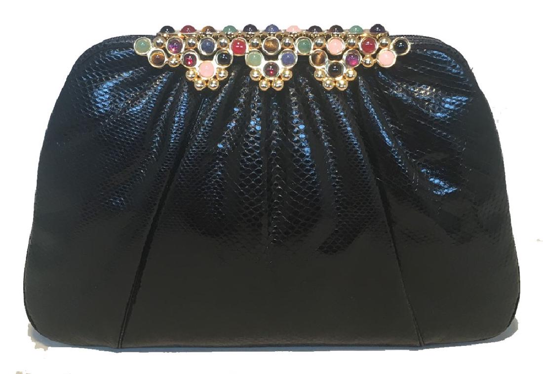 Judith Leiber Black Lizard Round Stone Top Accent: Classic Judith Leiber lizard leather stone top clutch in excellent vintage condition. Black lizard leather exterior trimmed with gold hardware and round multicolor semi precious stone accents along th