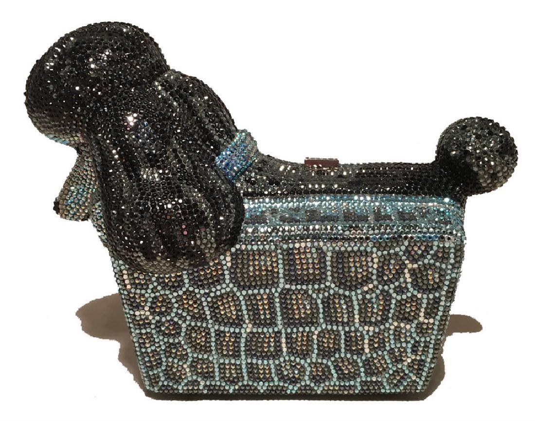 Judith Leiber Swarovski Crystal Poodle Box Minaudiere: Adorable Judith Leiber Swarovski Crystal Poodle Box Minaudiere Evening Bag Wristlet in excellent condition. Blue, black, and grey Swarovksi crystal exterior in a unique leopard print poodle box shape.