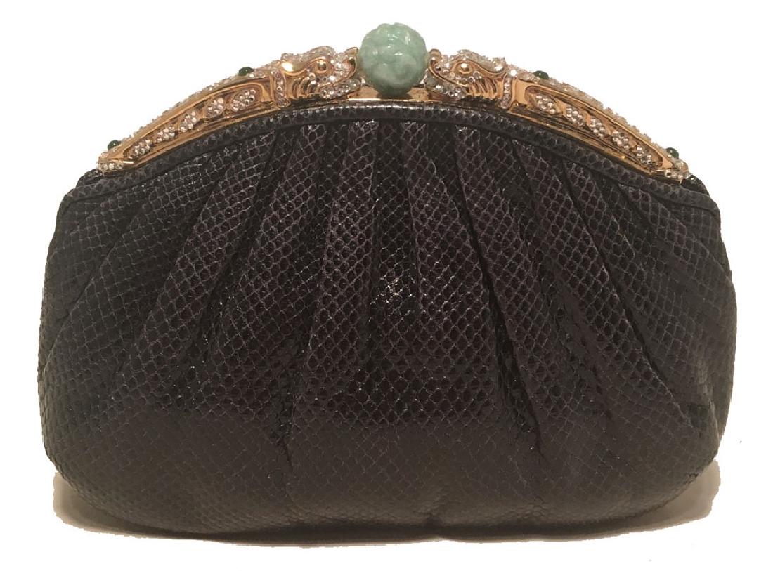 Judith Leiber Black Lizard Dragon Crystal Jade Top: Beautiful Judith Leiber Black Lizard Clutch with Crystal Dragon Jade Embellished Top in excellent vintage condition. Black Lizard leather body trimmed with a gold dragon head embellished top finished