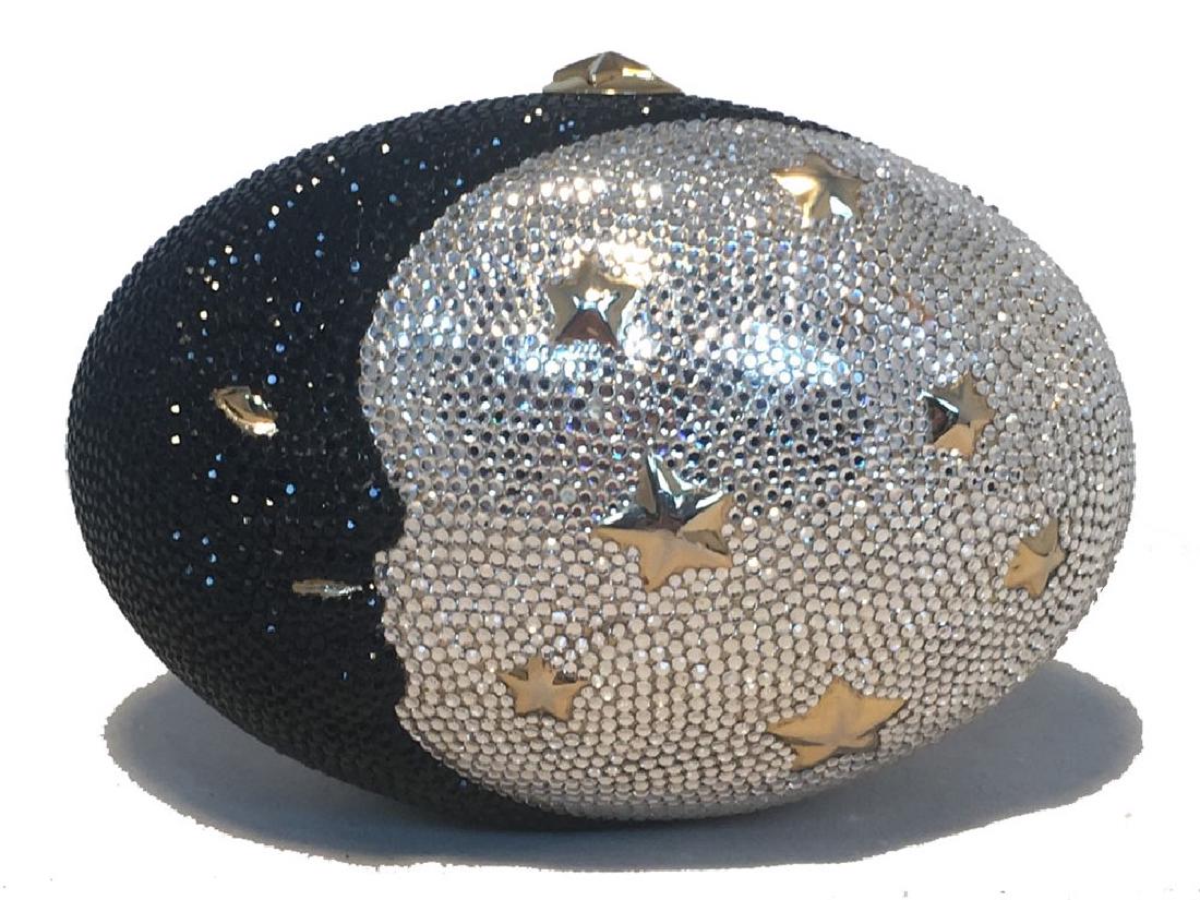 Judith Leiber Swarovski Crystal Moon and Stars: BEAUTIFUL Judith Leiber Swarovski Crystal Moon and stars minaudere evening bag in excellent condition. Black and silver swarovski crystal exterior in Moon and stars design with gold hardware trim. But
