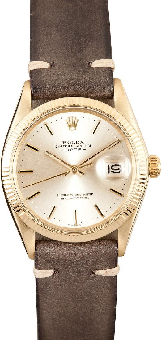 Pre-owned Rolex Date: Model/Style-Date 1503 Serial/Year-Random Features-Automatic movement w/ date, waterproof screw-down crown, acrylic crystal Case-14k yellow gold w/ fluted bezel (34mm) Bracelet-Complimentary Italian