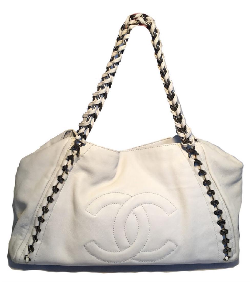 Chanel White Leather Chain Trim Shoulder Bag Tote: FABULOUS CHANEL white leather chain trim shoulder bag tote in excellent condition. White leather exterior with quilted CC chanel logo along front side and silver braided chain and leather shoulder str