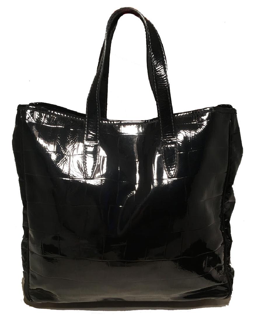 Yves Saint Laurent Black Patent Embossed Tote Bag: Gorgeous Yves Saint Laurent Black Patent Embossed Tote Bag in excellent condition. Black embossed patent leather exterior with alligator pattern. Top snap closure opens to a black satin interior that