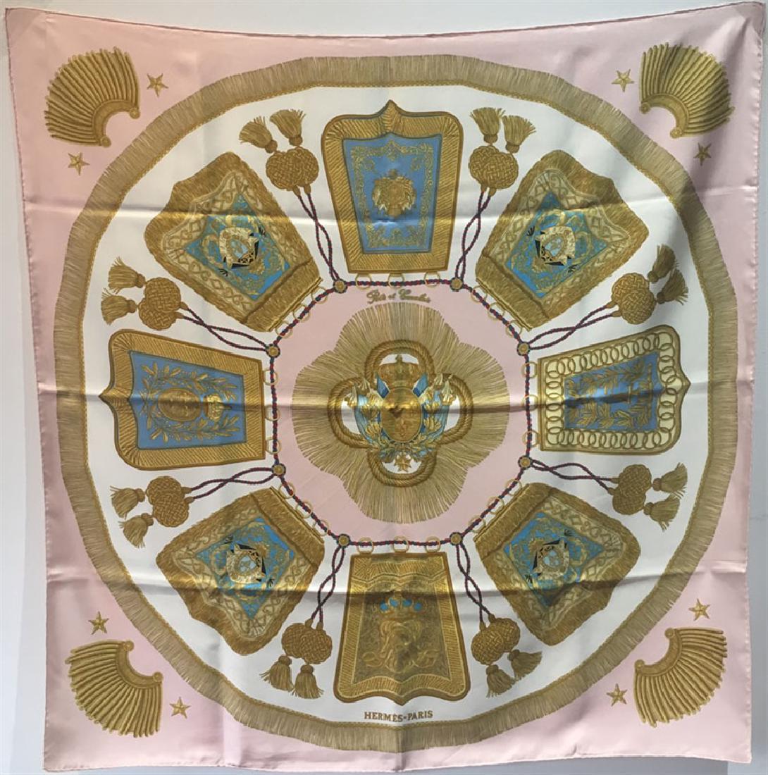 Hermes Vintage Poste et Cavalerie Silk Scarf in Pink: GORGEOUS Hermes Poste et cavalerie silk scarf in excellent vintage condition. Original silk screen design c1987 by Joachim Metz features a beautiful arrangement of traditional cavalry flags in golds a