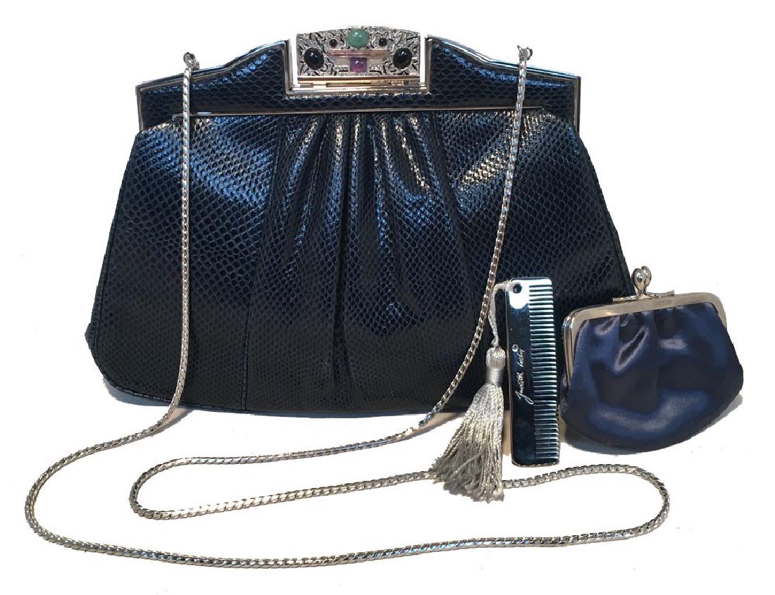 Judith Leiber Vintage Navy Blue Lizard Clutch: BEAUTIFUL vintage Judith Leiber navy blue lizard leather clutch in excellent vintage condition. Navy blue lizard leather exterior trimmed with silver hardware. top lifting closure opens to a black sil