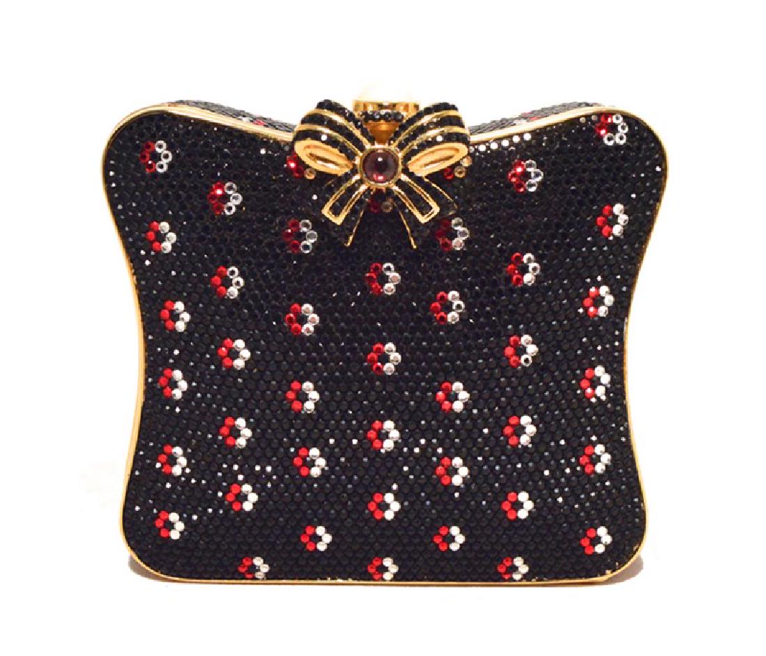 Judith Leiber Black Swarovski Crystal Floral Print Box: GORGEOUS JUDITH LEIBER Swarovski crystal floral box minaudiere in excellent condition. Â Black swarovski crystal exterior with gold hardware trim and a delicate red and white crystal flower print su