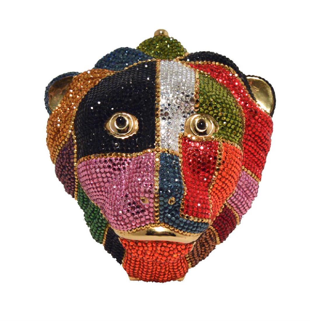 Judith Leiber Swarovski Crystal Multicolor Lions Head: STUNNING Judith Leiber Swarovski crystal lion's head minaudiere in excellent condition. Multicolored swarovski crystal exterior in a stunning Lion's head form. Top push button closure opens to a gold