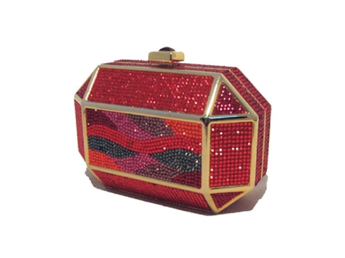 Judith Leiber Vintage Red Swarovski Crystal Minaudiere: AMAZING Judith Leiber red swarovski crystal minaudiere in excellent condition. Various red swarovski crystals over a unique gold box shape with a push button closure. Gold leather lined interior with