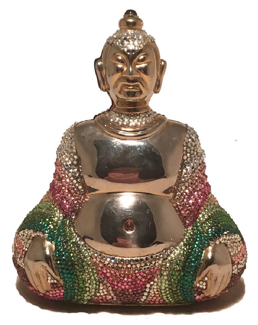 Judith Leiber Swarovski Crystal Gold Buddha Minaudiere: Stunning Judith leiber Swarovski crystal Buddha minaudiere in excellent condition. Gold form with pink, purple, green, and clear crystals around body. Top button closure opens to a gold leather lined 