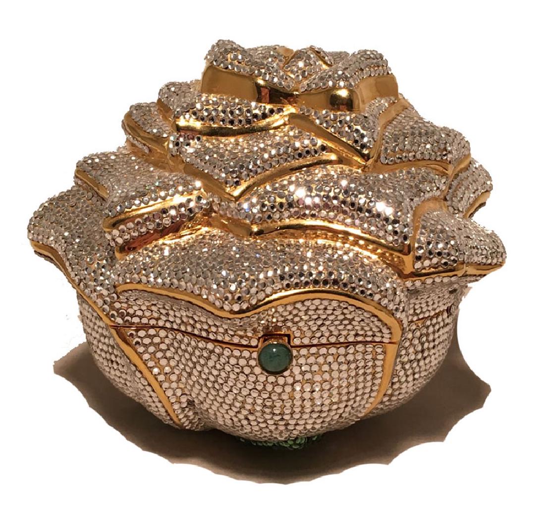 Judith Leiber Swarovski Crystal Rose Minaudiere Evening: Judith Leiber Swarovski Crystal Rose Minaudiere Evening Bag in excellent condition. Clear swarovski crystals with gold metal trim. front button closure opens to a gold leather lined interior. No stain