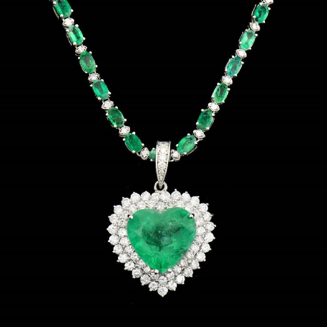 13.75CT NATURAL COLOMBIAN EMERALD 18K W/G PENDANT AND: 18K W/G PENDANT 6.82GRAM / DIAMOND 2.60CT/COLOMBIAN EMERALD 11.92CT / NECKLACE 15.54GRAM / DIAMOND 1.03CT / EMERALD 13.75CT/#GVN1254 **This remarkable 13.75ct heart shaped Natural Colombian Emerald pe