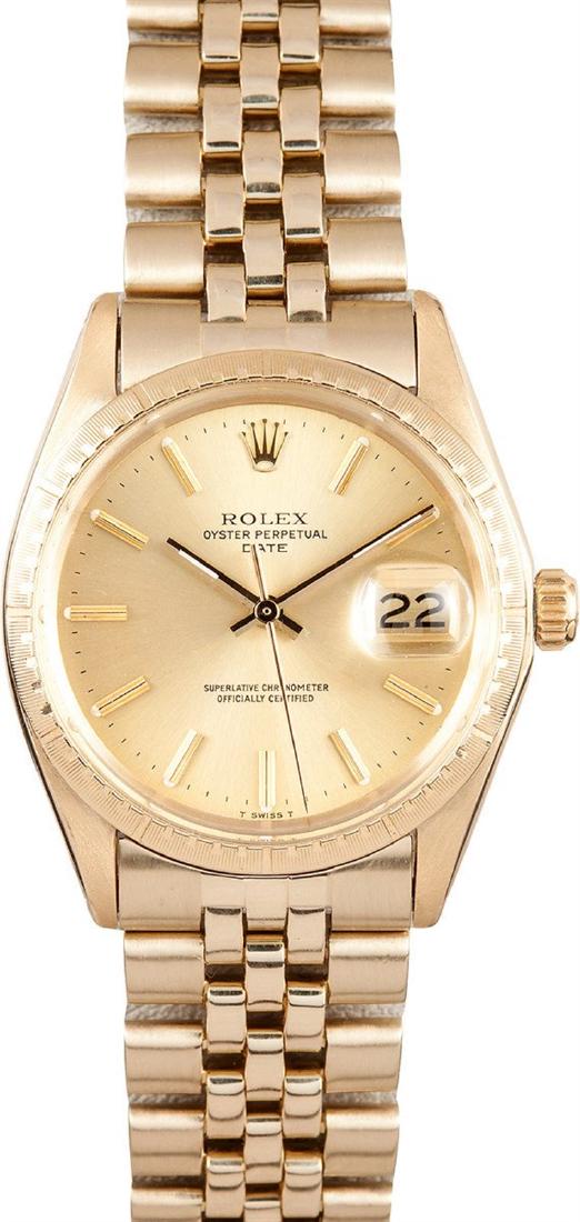 Pre-owned Rolex Date: Model/Style-Date 1500 Serial/Year-Random Features-Automatic movement w/ date, acrylic crystal, waterproof screw-down crown Case-14k Yellow Gold w/ engine turned bezel (34mm) Bracelet-14k Yellow Gold