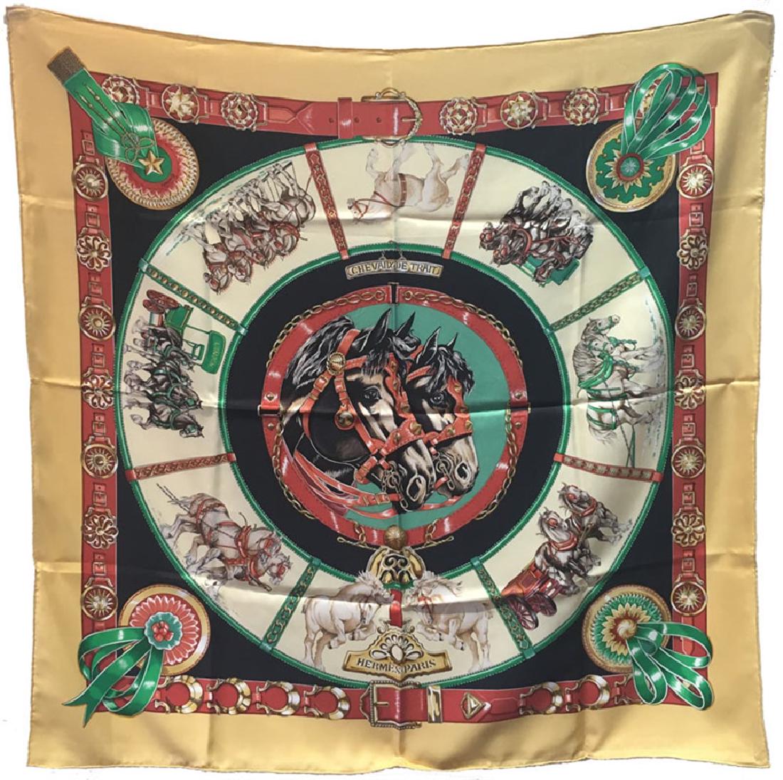Hermes Vintage Chevaux de Trait Silk Scarf in Yellow: GORGEOUS Hermes chevaux de trait silk scarf in excellent vintage condition. Original silk screen design c1993 by Laurence Bourthoumieux features a beautiful centered double horse detailed portrait sur