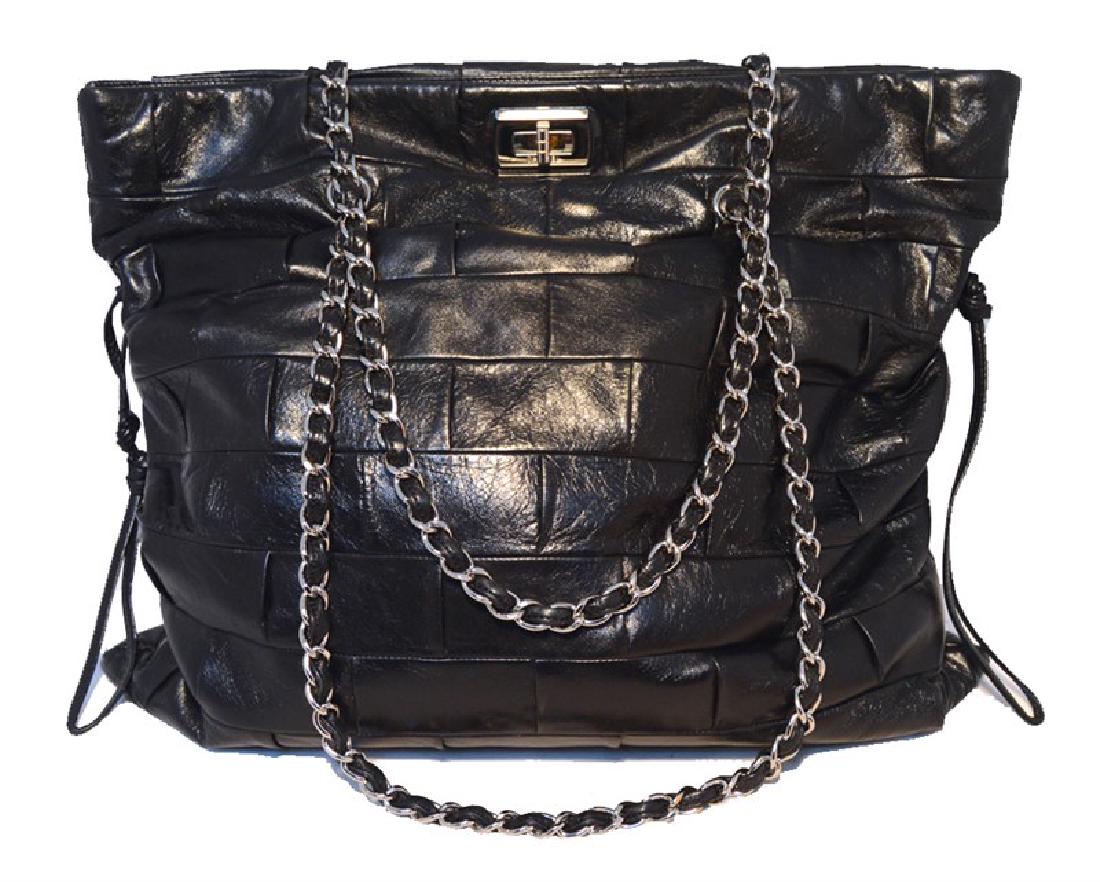 Chanel Black Leather Square Quilted Shoulder Bag Tote: Fabulous Chanel black shoulder bag tote in excellent condition. Black square quilted leather trimmed with double woven chain and leather shoulder straps and clear and silver hardware. Front mademoisel