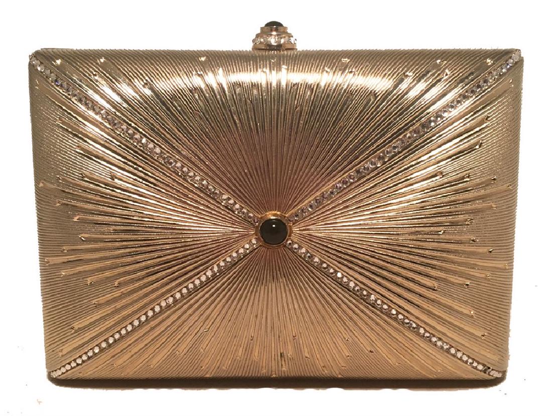 Judith Leiber Vintage Gold Starburst Box Minaudiere: BEAUTIFUL JUDITH LEIBER VINTAGE Swarovski crystal gold starburst minaudiere evening bag in very good condition. Solid gold exterior with clear swarovski crystals and a dark red gemstone in the center