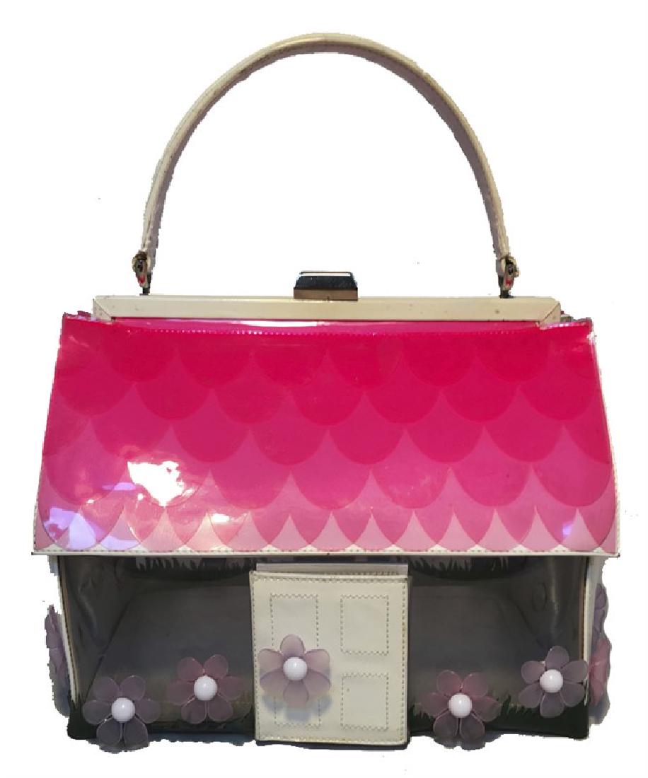 Vintage RARE Moschino Patent Leather House Handbag: RARE & AMAZING Vintage Moschino House handbag in very good vintage condition. White patent leather house with Clear walls and pink and purple flowers around base. Pink scalloped roof, and silver hardw