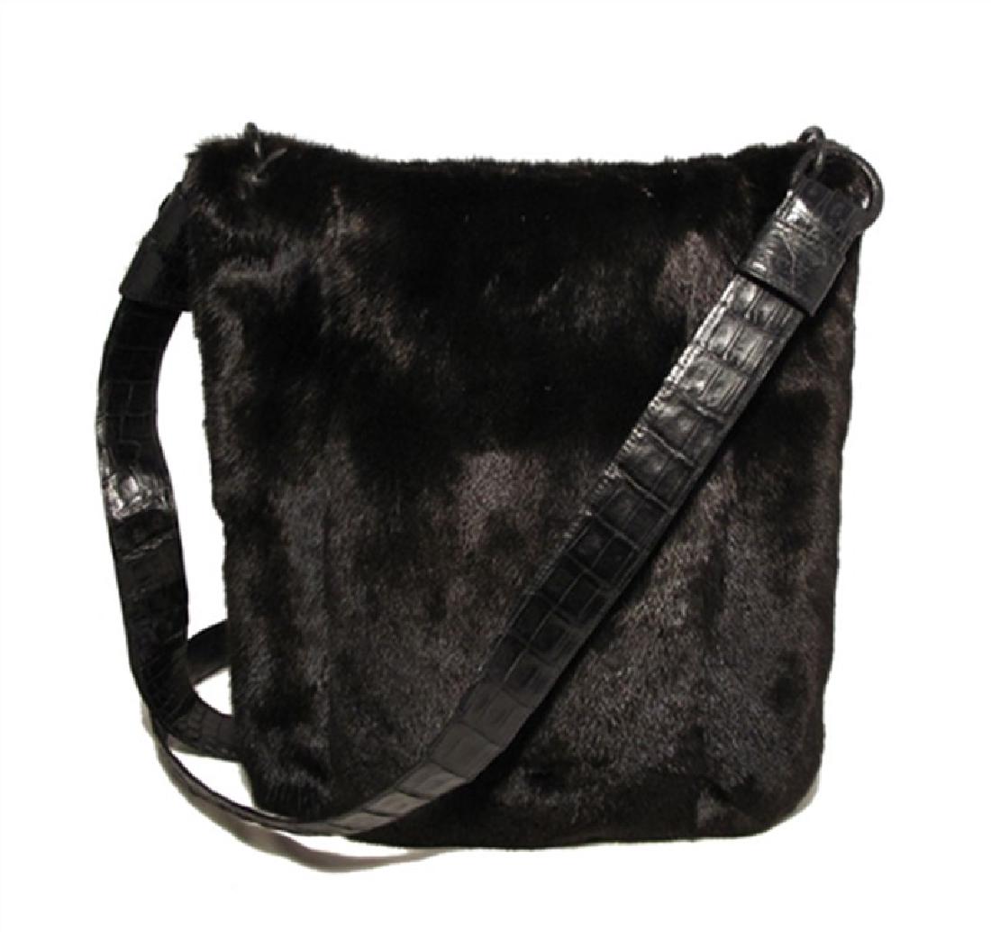Nancy Gonzalez Black Mink Fur & Crocodile Crossbody Bag: Gorgeous Nancy Gonzalez mink & crocodile crossbody bag in MINT condition. Soft black mink exterior with a black columbian crocodile shoulder strap. Top zipper closure opens to a stunning rose suede in