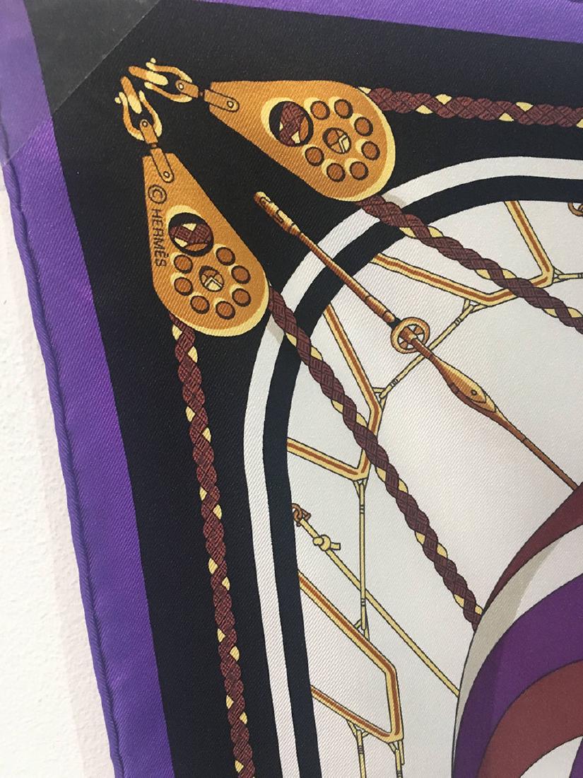 Hermes Vintage Purples and Gold Spinnaker Silk Scarf,: AMAZING Hermes Vintage Spinnaker Silk Scarf in excellent condition. Original silk screen design c1982 by Julia Abadie features a nautical theme with centered racing sailboats on the water surrounded b