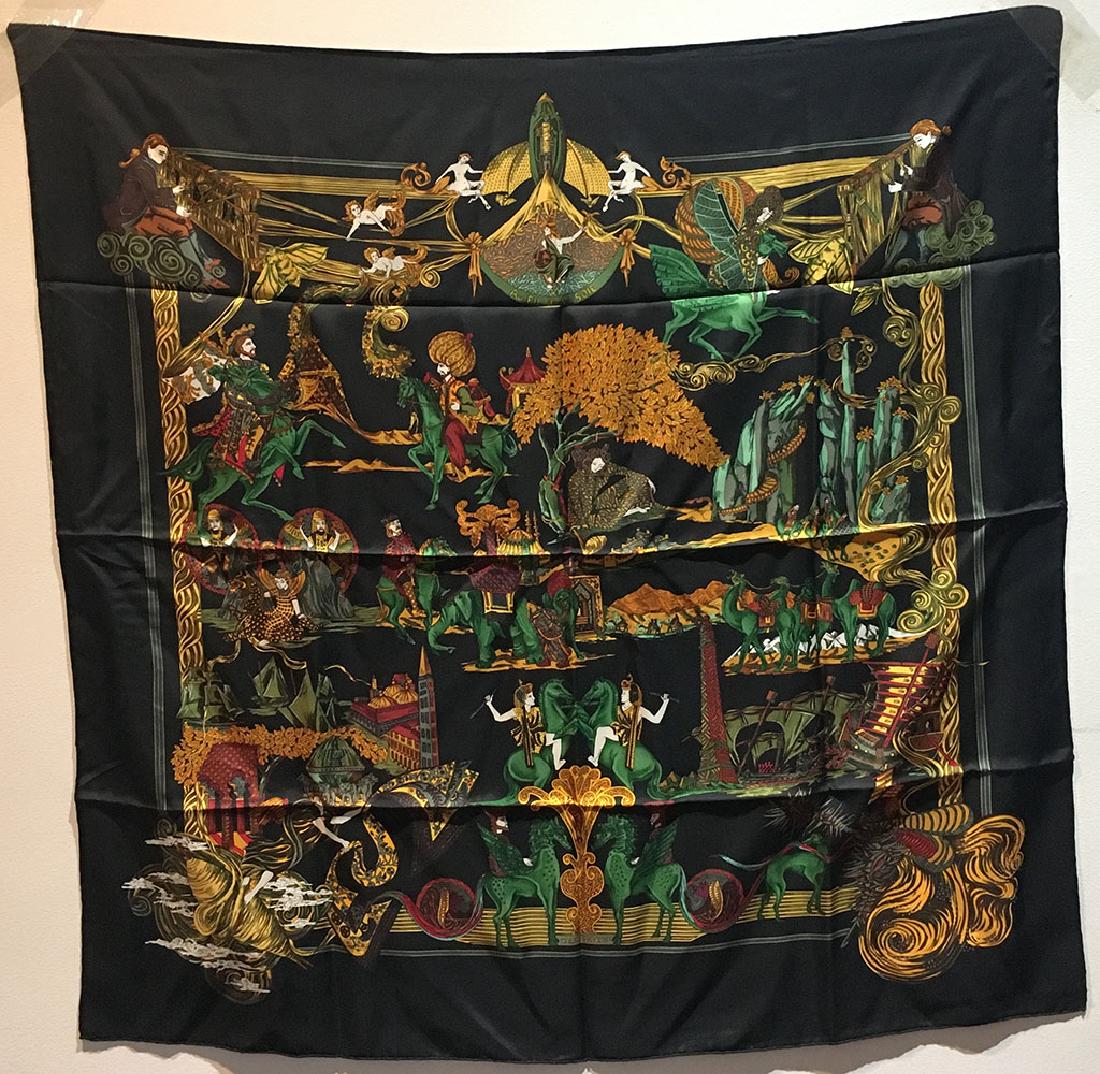 Hermes Au Fin de la Soie Silk Scarf in Black: STUNNING Hermes Au Fin de la Soie Silk Scarf in Black in excellent condition. Original silk screen design c1995 by Annie Faivre features an assortment of mythological creatures and plants in green, go