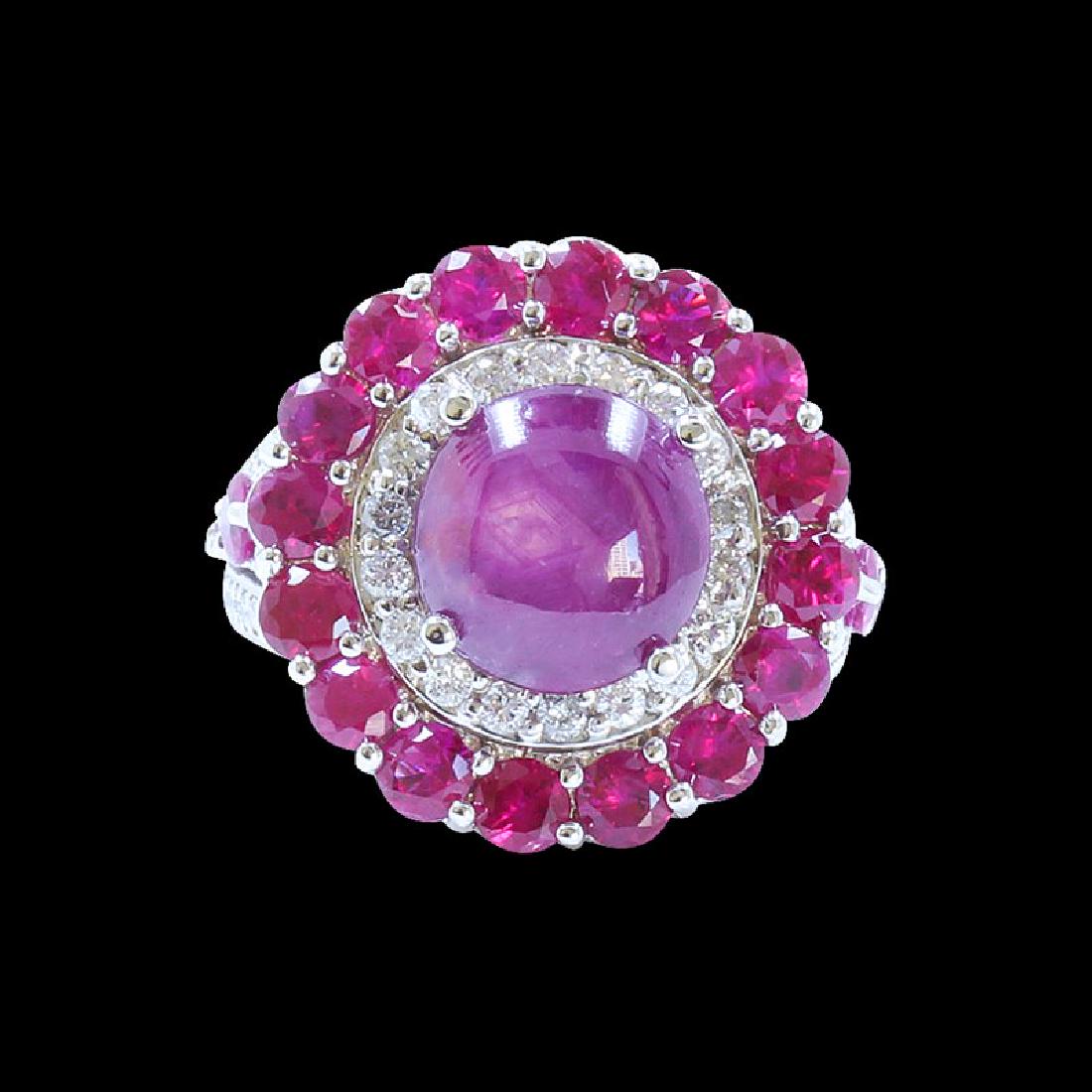 5.28ct Natural Burma Star Ruby 14K White Gold Ring: 14KW/G RING :12.46GM / NATURAL STAR RUBY BURMA CENTER:5.28CT / DIA:0.69CT / RUBY (SIDE): 3.45CT /#GVR1360