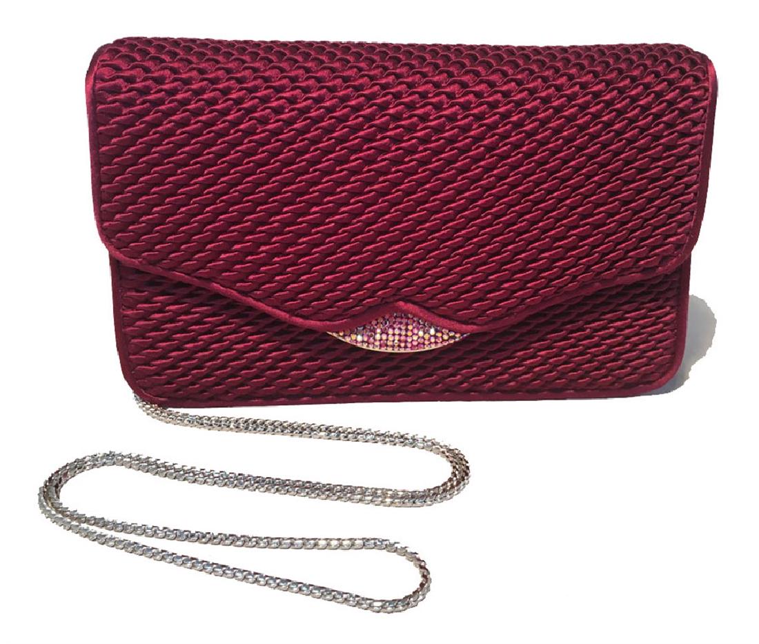 Judith Leiber Dark Red Satin Silk and Swarovski Crystal: GORGEOUS Judith Leiber vintage satin and swarovski crystal evening bag clutch in excellent condition. Dark red pinched textured style satin silk exterior trimmed with gold and silver hardware and swar