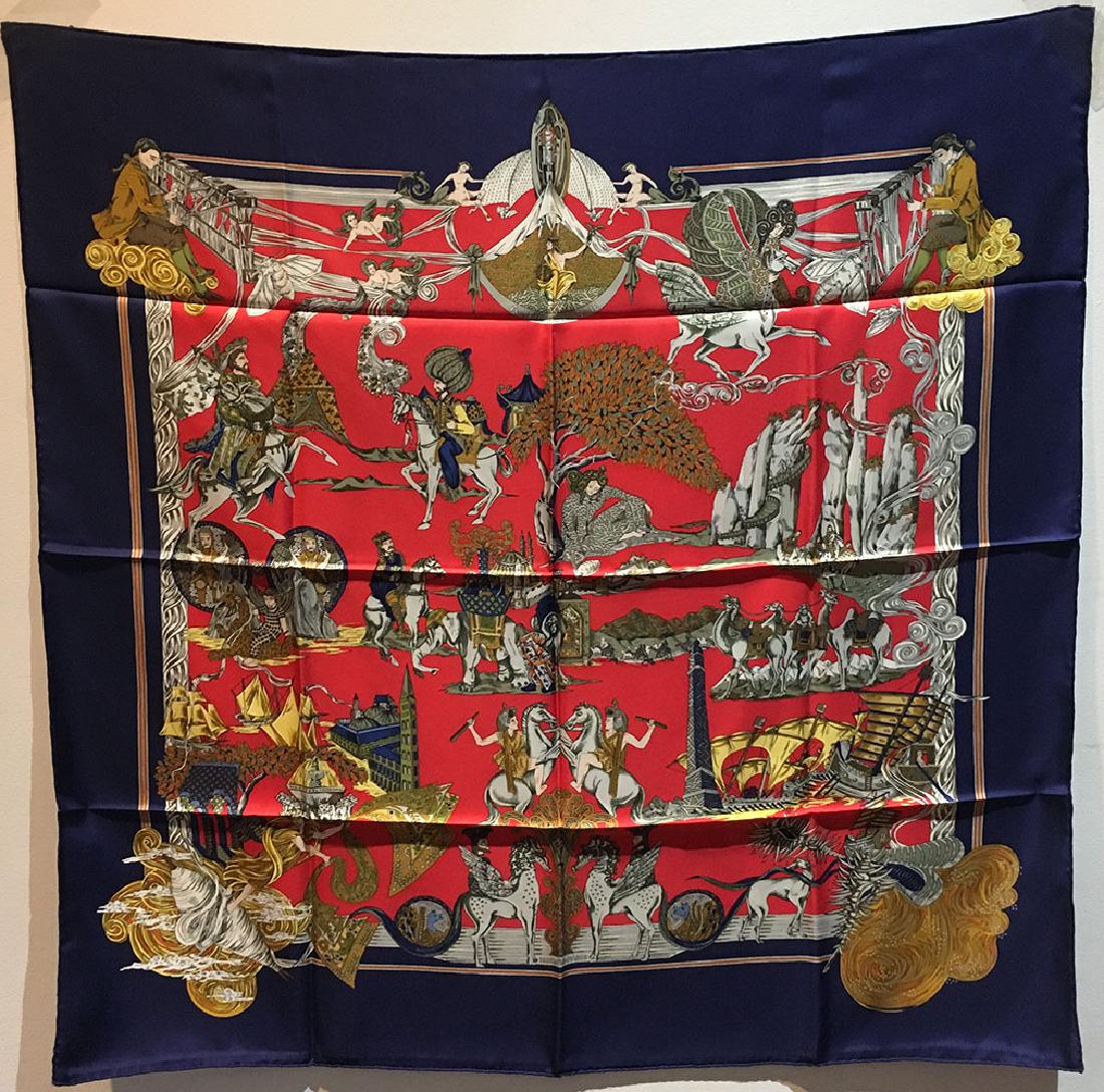 Hermes Au Fil de la Soie Silk Scarf in Navy: CLASSIC Hermes Au Fil de la Soie Silk Scarf in Navy in excellent condition. Original silk screen design c1995 by Annie Faivre features depictions of scenes on the ancient silk road. Weavers, riders, c