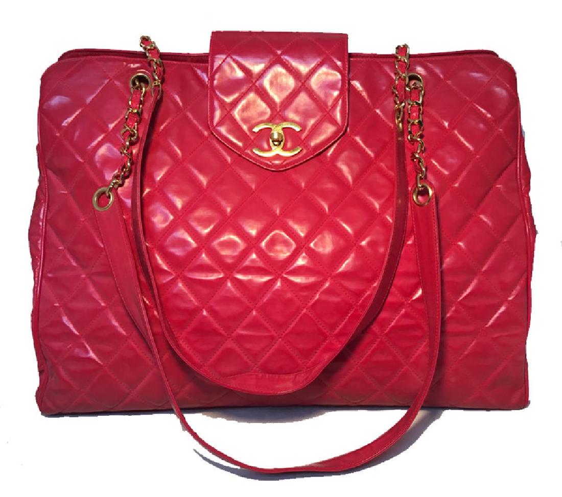 Chanel Red Quilted PVC Model Overnight Tote Travel Bag: GORGEOUS VINTAGE CHANEL red model tote in very good condition. Red quilted PVC with woven chain and leather handles and shining gold hardware. Front twist CC logo closure opens through a top flap to 2