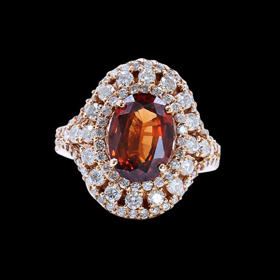3.44CT NATURAL MALAYA GARNET 18K ROSE GOLD RING: 18K ROSE GOLD MALAYA GARNET RING :7.98GRAM /DIA :1.63CT / MALAYA GARNET :3.44CT/#GVR1319/MALAYA GARNET IS THE VERY RARE GARNET IN THE GARNET FAMILY. VERY HARD TO FIND THIS KIND OF COLOR AND QULAITY