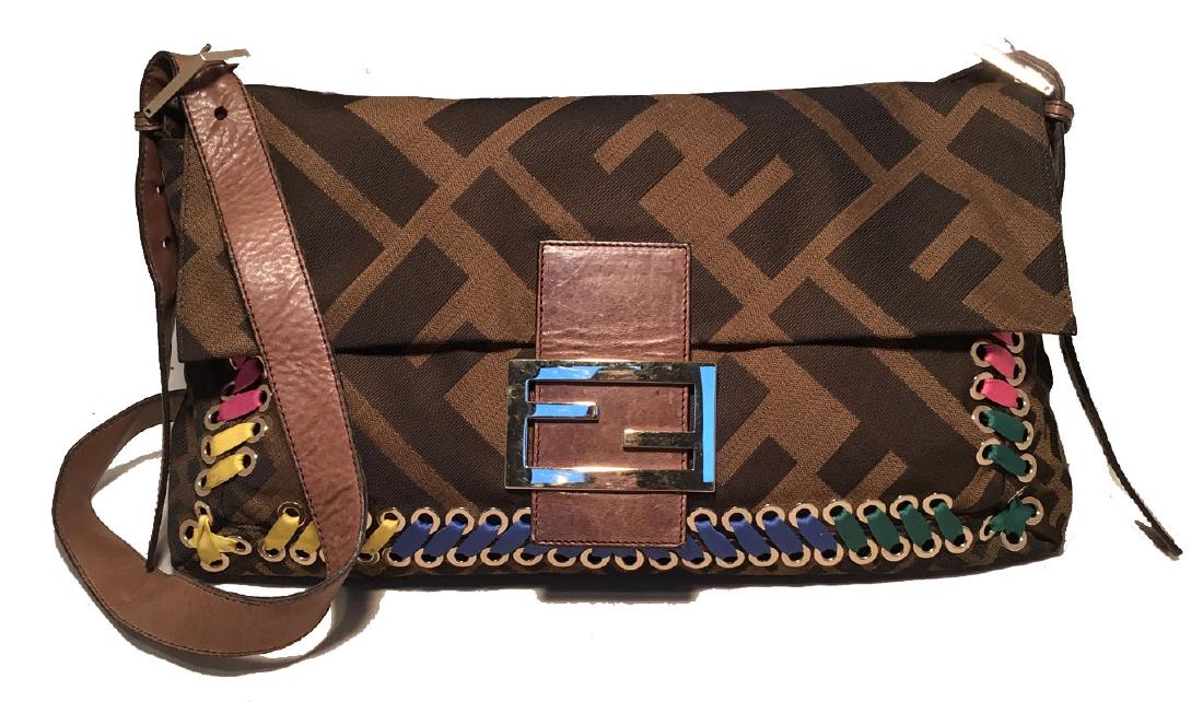 Fendi Monogram Rainbow Shoelace Trim Messanger Bag: Fabulous Fendi Monogram Rainbow Shoelace Trim Messanger Bag in excellent condition. Brown and black monogram canvas exterior trimmed with silver hardware, a brown leather shoulder strap and rainbow wo