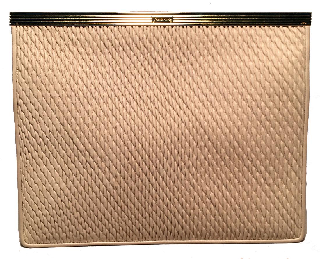 Judith Leiber Vintage Cream Pinched Leather Clutch: Beautiful Judith Leiber Vintage Cream Pinched Leather Clutch in excellent condition. Soft cream leather exterior with textured pinched leather top front side/flap trimmed with gold hardware. Single fl