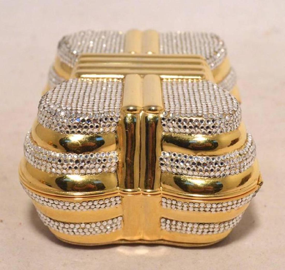 Judith Leiber Gold & Clear Swarovski Crystal Casket: BEAUTIFUL JUDITH LEIBER Swarovski crystal casket minaudiere in excellent vintage condition. Gold exterior trimmed with clear swarovski crystals in the signature "casket" style. Push button front closu