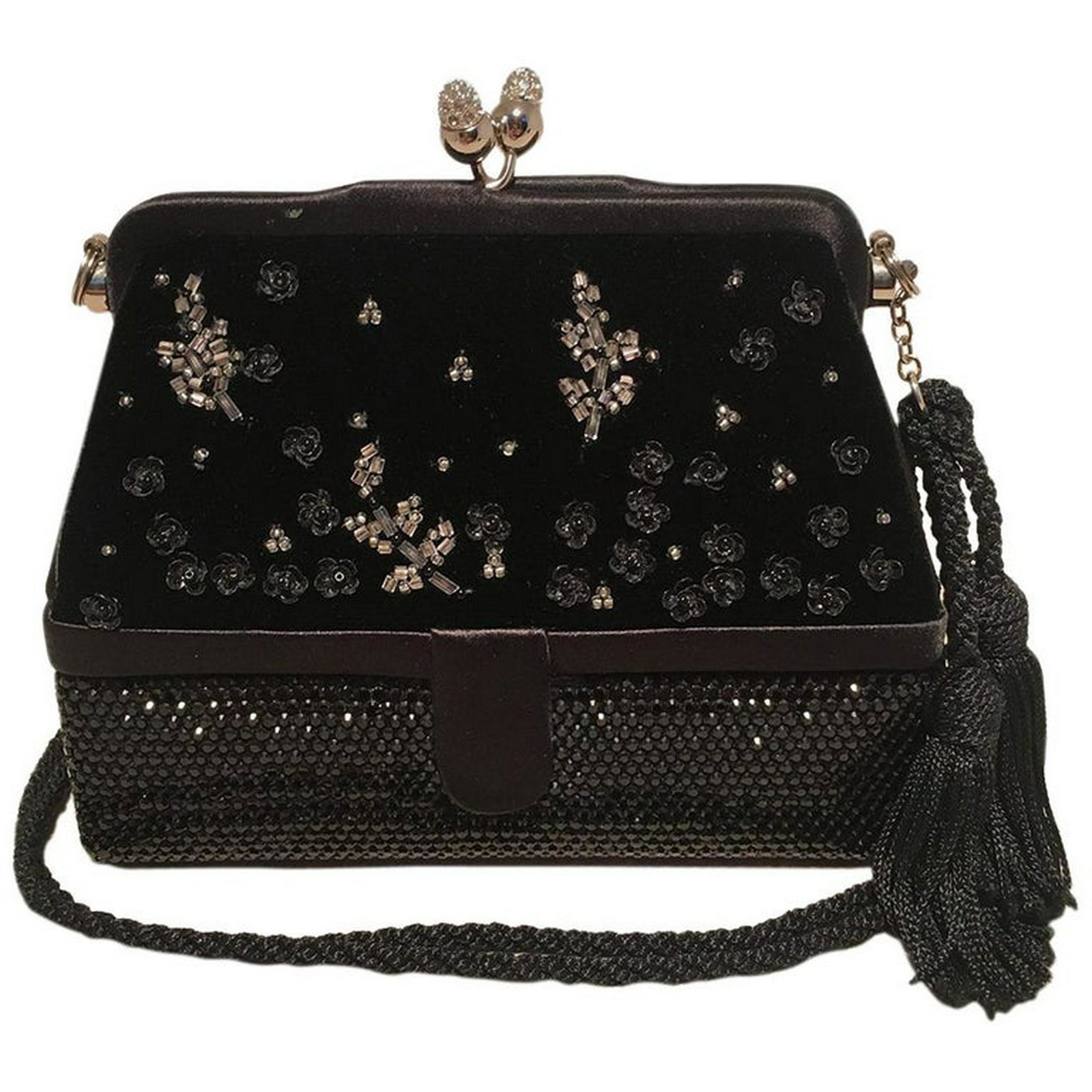 Judith Leiber Black Velvet Beaded Swarovski Crystal Two: Judith Leiber Black Velvet Beaded Swarovski Crystal Two Way Evening Bag Clutch in very good condition. black velvet top with kiss lock crystal top closure and hand beaded embellishments throughout. Bo