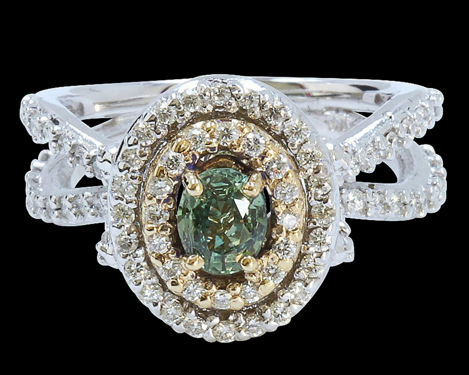 0.83CT Natural ALEXANDRITE 14K WHITE AND YELLOW GOLD: 14K WHITE AND YELLOW GOLD NATURAL ALEXANDRITE RING:7.29 GRAMS/DIAMOND:1.28CT/ALEXANDRITE:0.83CT/#GVR1031 **The soft green of the 0.83ct oval shape Alexandrite, a stone of high wisdom and heart energy,