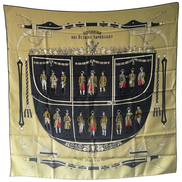 Hermes Cochers des Ecuries Imperiales Silk Scarf, circa: Very RARE Hermes Cochers des Ecuries Imperiales Silk Scarf in very good condition. Original silk screen design c1954 by Philippe Ledoux features Coachmen of the stables over a black coach styled backg