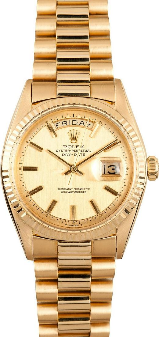 Pre-owned Rolex Day-Date: Model/Style-Day-Date (President) 1803 Features-Automatic movement w/ day-date, acrylic crystal, waterproof screw-down crown Case-18K Yellow gold w/ fluted bezel (36mm) Bracelet-18K Yellow Gold Preside
