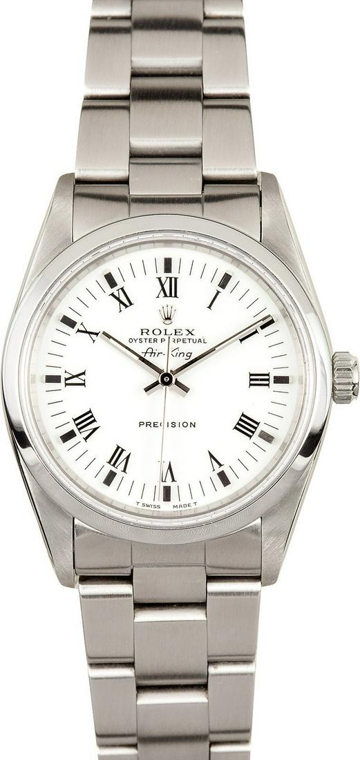 Pre-owned Rolex Air-King: Model/Style-Air-King - 14000 Features-Automatic 3000 movement, 27 jewels, scratch-resistant sapphire crystal, waterproof screw-down crown Case-Stainless steel with smooth bezel (34mm) Bracelet-Stainle